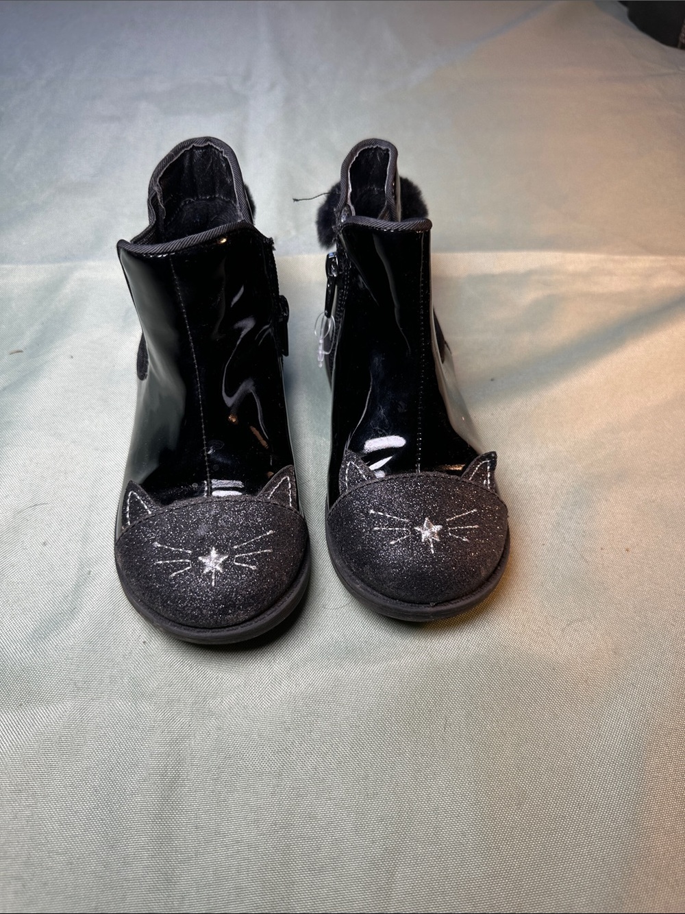 Primark Black Patent Girls' Ankle Boots with Glitter Cat Toes